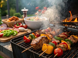 Close-Up of Grilled Meats and Vegetables on BBQ Grill - Backyard Party Delight with Mouthwatering Flavors and Summer Vibes