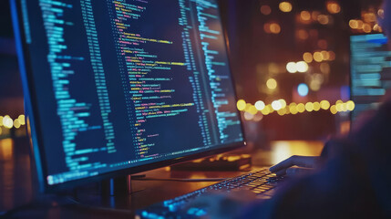 Technology of Software development, web design, programming concept. Program code on screen laptop, phone, code of program, data, interface elements on screen laptop. Software development Tech Banner