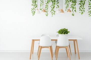 Minimalist dining room featuring lush hanging ivy for a touch of greenery and elegance.