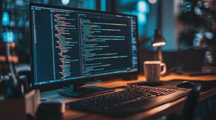 Technology of Software development, web design, programming concept. Program code on screen laptop, phone, code of program, data, interface elements on screen laptop. Software development Tech Banner