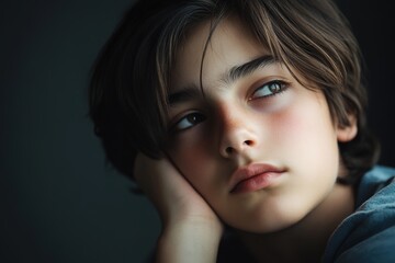 Fototapeta premium Pensive child with hand on cheek gazing away