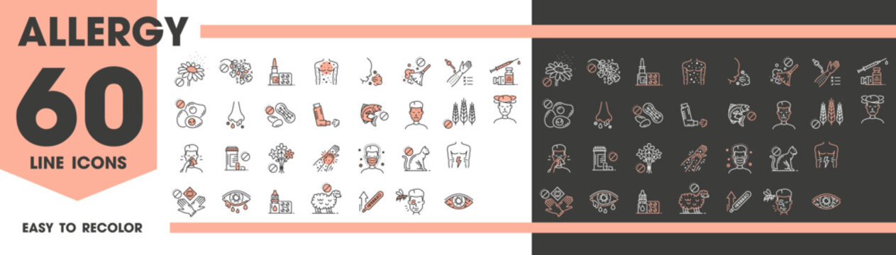 Allergy icons of asthma, fever or rhinitis as allergic symptoms or medical symbols, line vector. Allergy icons of allergens in food or pollen dust, eye itching symptoms, allergy tests and treatment