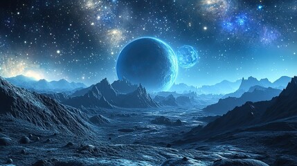 Alien Planet Landscape With Two Blue Moons And Stars