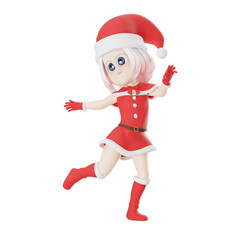 Santa Claus Girls 3D Cartoon Character. A Santa Claus girl walks with her right leg bent and both hands open upwards. Illustration Style