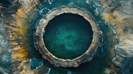 Aerial View of Unique Circular Pool Surrounded by Rocky Terrain