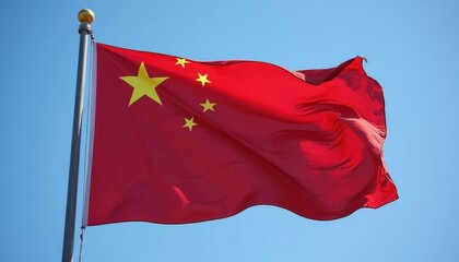 Chinese Flag Waving in Blue Sky