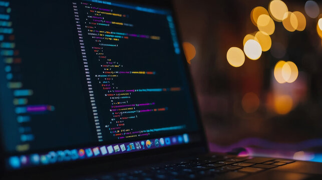 Program code create on laptop on programmer workplace. Coding, optimization and testing app, site on mobile devices. Text of program consists of functions on programing languages. IT technology banner