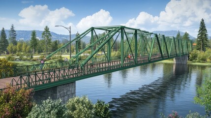 Fototapeta premium Scenic Green Bridge Over Calm River Surrounded by Lush Nature