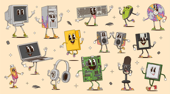 Cartoon groovy computer devices, retro characters of pc gadgets and laptop electronic equipment. Vector psychedelic desktop computer keyboard , groovy monitor, usb, mouse and microphone personages