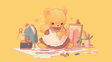 A Cute Bear Sewing an Apron in Its Workshop