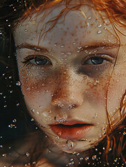 a portrait of a girl with wet eyes and red hair, in the style of hyper-realistic water, candid moments captured, 