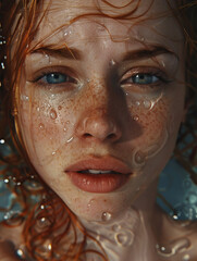 a portrait of a girl with wet eyes and red hair, in the style of hyper-realistic water, candid moments captured, 