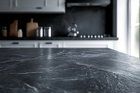 Empty black granite kitchen countertop with a modern kitchen in the background.