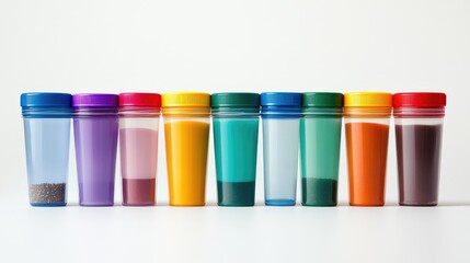 Colorful Containers Filled with Various Substances on a White Background