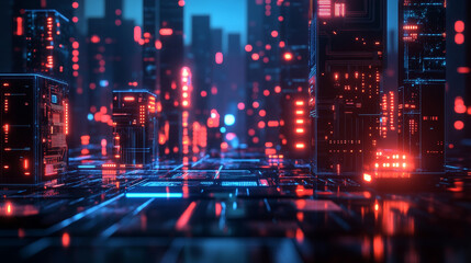 Fototapeta premium Smart home technology conceptual banner. Building consists digits and connected with icons of domestic smart devices. illustration concept of System intelligent control house on blue background. IOT.