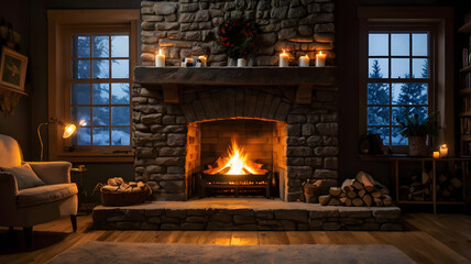 fireplace with christmas decorations, bedroom with fireplace, living room with fireplac, relaxing, ai generated