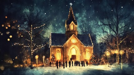 Obraz premium Watercolor scene of a church illuminated with Christmas digital