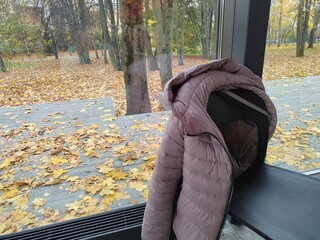 A cozy pink jacket draped over a chair near a glass window, overlooking a serene autumn park filled...