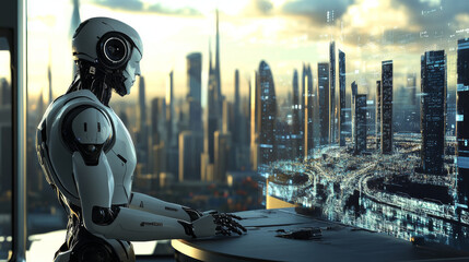 Fototapeta premium Beautiful Robot woman standing at the interactive table with hologram of smart city. Cyborg work with virtual abstract spherical interface. AI or artificial intelligence controls systems of smart city