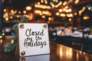 A closed for the holidays sign is displayed on a wooden table with ambient lights blurred in the background creating a warm festive atmosphere