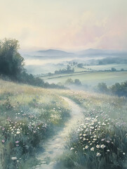 A misty morning in the English countryside, with wildflowers dotting an open field and distant hills shrouded by fog. 