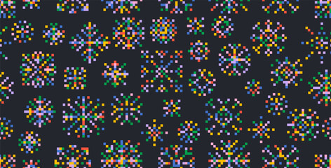 Seamless pattern colorful snowflakes or snow icon in pixel art. Christmas winter pattern colored snowflake print. Retro seamless pattern Christmas vector illustration. Vector illustration.