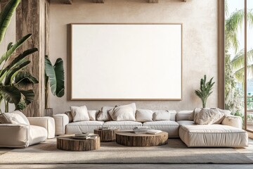 Modern living room with large blank canvas mockup, wooden coffee tables, beige sofa, and large windows overlooking tropical landscape.