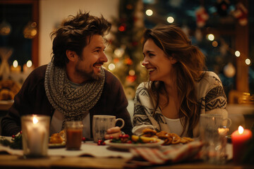 Cozy Christmas Couple: Warmth and love radiate from this intimate portrait of a couple enjoying a festive Christmas dinner.  The gentle glow of candlelight creates a romantic ambiance.