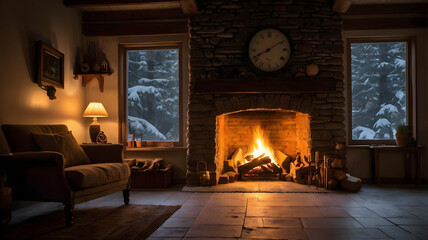 fireplace with christmas decorations, bedroom with fireplace, living room with fireplac, relaxing, ai generated