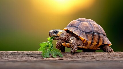 A tortoise munches on greenery, set against a beautifully blurred background with warm sunlight, showcasing nature's tranquility.