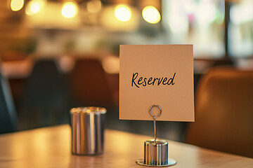 Obraz premium A reserved sign stands on a wooden table in a cozy restaurant, softly illuminated by warm lights and creating an inviting atmosphere
