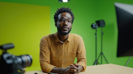 A tutor explaining complex topics remotely, set on a serene green screen for clarity