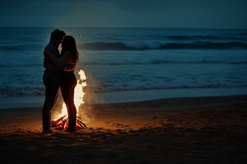 A couple embraces by a beach bonfire under the night sky, sharing warmth and intimacy as waves gently crash in the background