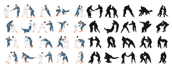 Professional judokas silhouettes in training. Judo athletes black