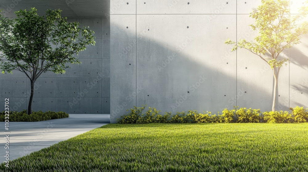 Poster modern concrete building with green grass and trees.