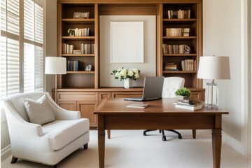 Cozy office featuring natural dark wood shutters, adding warmth and style to the workspace ambiance.