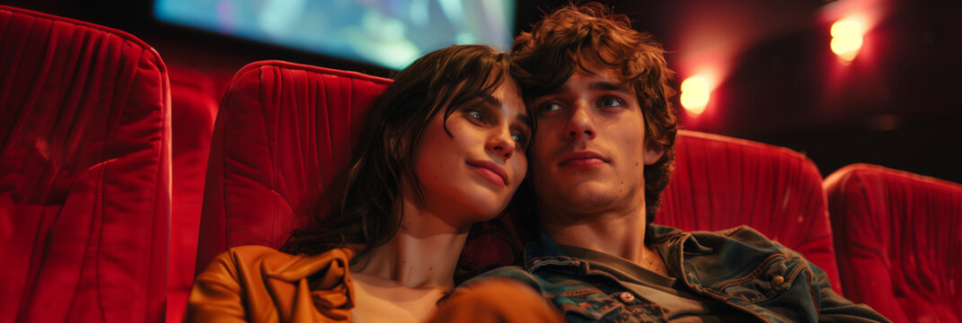 Couple's Movie Night: A young couple enjoys a romantic evening at the cinema, sharing a cozy moment in the dimly lit theater. The vibrant red seats and flickering screen create an intimate atmosphere.