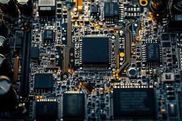Fototapeta premium Detailed circuit board with microchips, resistors, and connector
