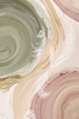 Abstract Swirl Wall Art with White Feathers in Neutral Tones