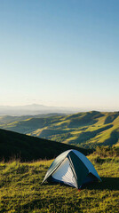 A small tent sits in a lush green landscape under a clear sky, overlooking rolling hills and distant mountains in a serene and eco-friendly setting