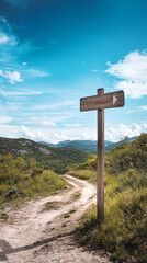 A minimalistic trail signpost stands on a winding path surrounded by lush greenery and mountains under a bright blue sky