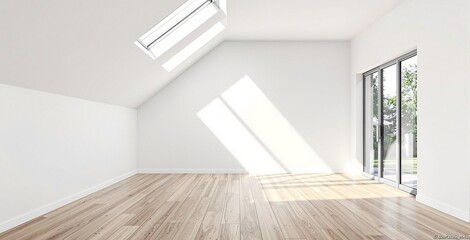 Fototapeta premium Spacious Modern Sunlit Room with Skylight and Large Glass Doors