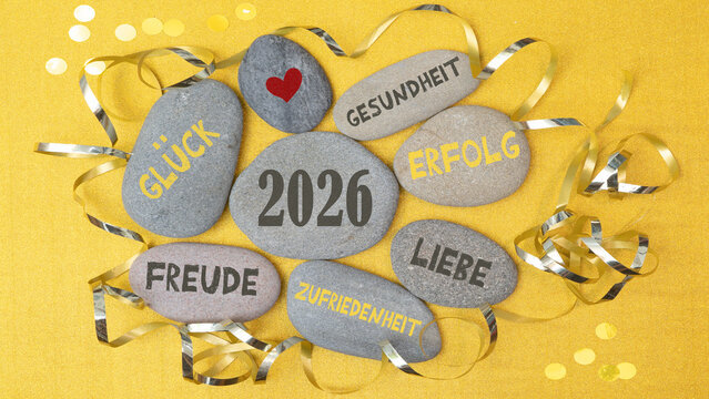 Gutes neues Jahr 2026 Neujahr, Silvester Party Gru&szlig;karte Postkarte mit deutschem Text - Steine mit Neujahrsw&uuml;nschen auf goldenem Tisch Hintergrund, Draufsicht	

