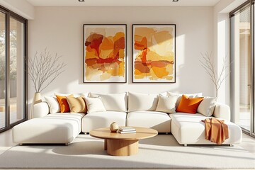 Modern Minimalist Living Room with Earthy Tones and Contemporary Artwork