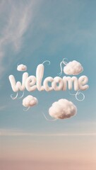 Soft Fluffy Cloud with Welcome Floating Lightly Above a Pastel Pink and Blue Gradient Sky