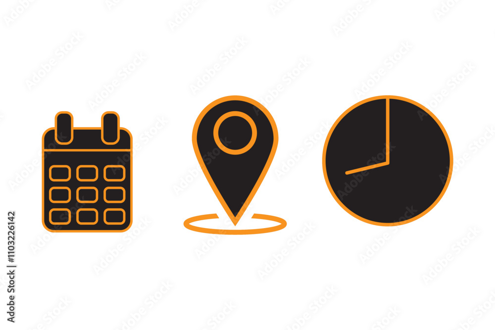 Sticker time, date and address icon set. calendar, clock, location. editable stroke. linear vector outline i