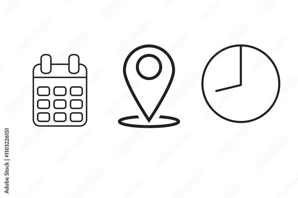 Sticker time, date and address icon set. calendar, clock, location. editable stroke. linear vector outline i