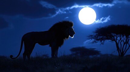 Majestic Lion Silhouette Under Bright Full Moon at Night