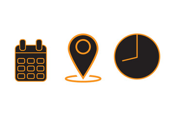 Time, date and address icon set. Calendar, clock, location. Editable stroke. Linear vector outline illustration. Vector illustration.