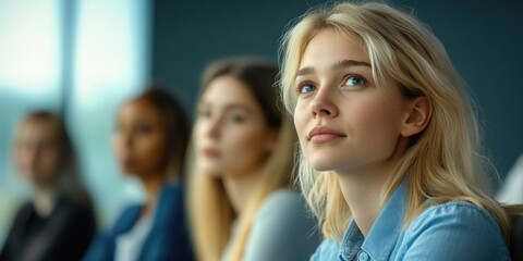 Obraz premium Blonde Woman with Serious Expression, in Classroom Setting